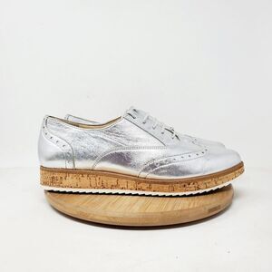 Paul Green Shoes Womens 7 Silver Leather Platform Wingtip Oxford Sneaker‎